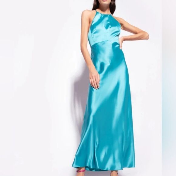 Anthropology Pinko Turquoise Blue High Neck Satin Slip Dress Medium It42/Us6 - Picture 9 of 16